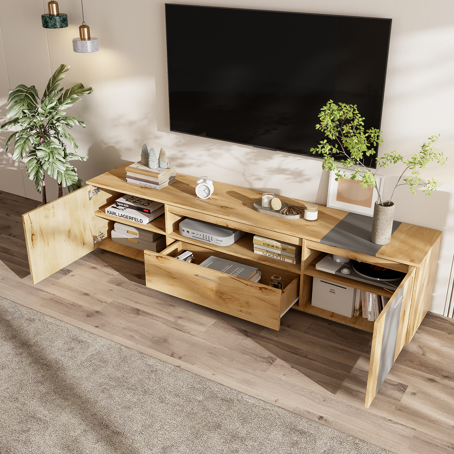 70 inch modern TV stand with 3 cabinets and drawers, entertainment center can accommodate TVs under 80 inches - Korvel