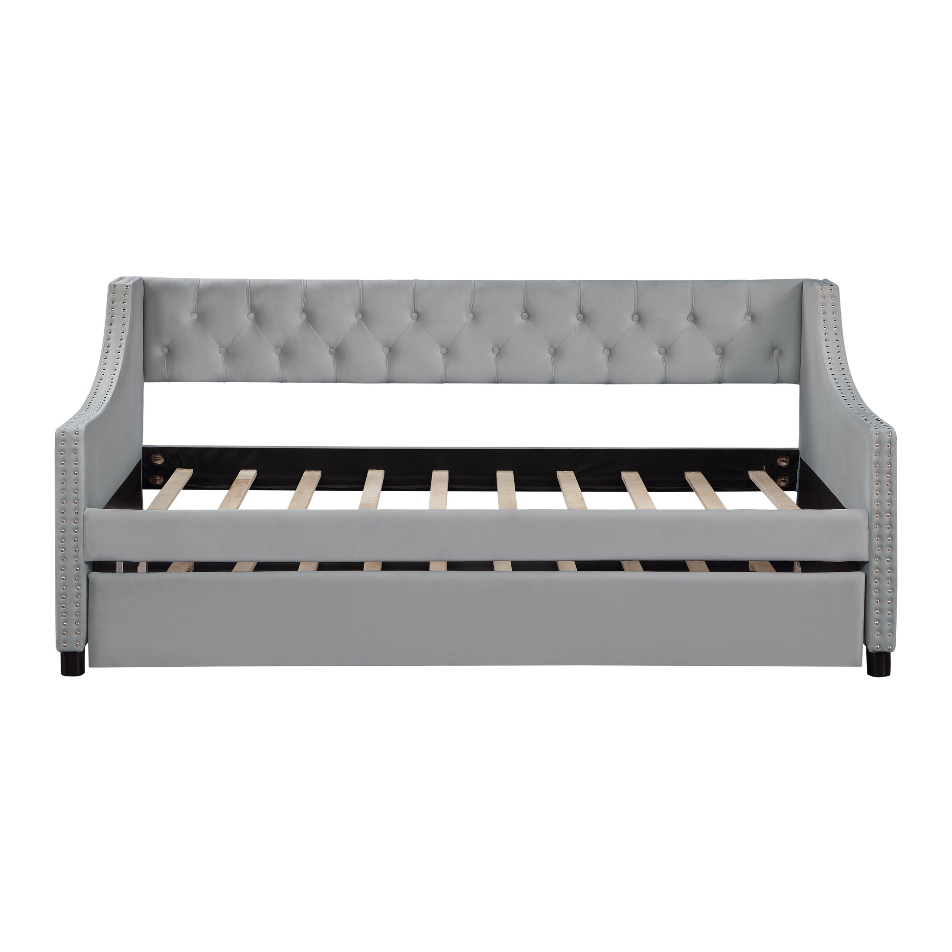 Twin Size Upholstered Daybed with Trundle Sturdy Wood Bedframe w/ Bedframe Tufted Button & Copper Nail on Arms Design - Korvel