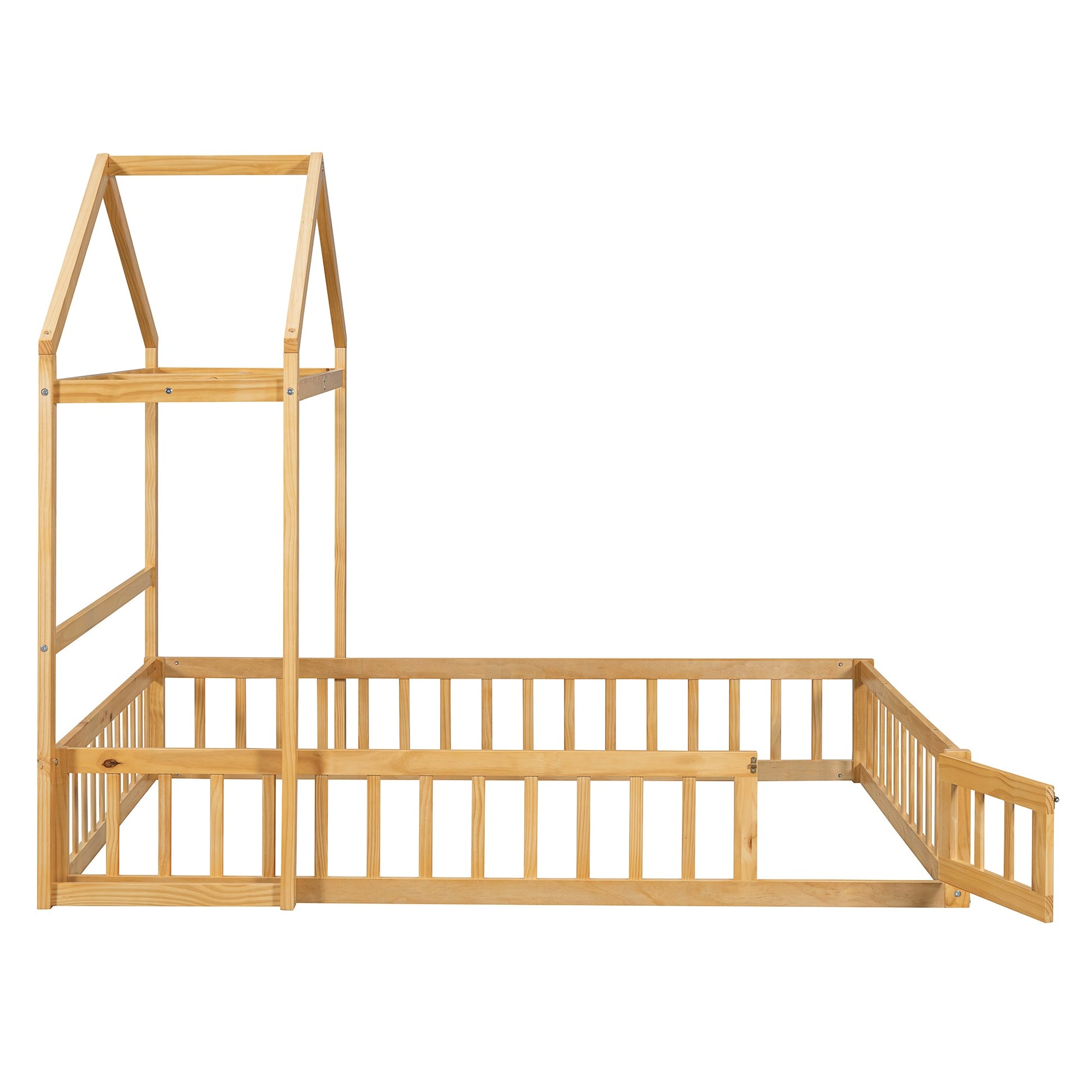 Wooden Full Size Children's Bed with Detachable Headboard and Integrated Clothes Drying Rack, Natural - Korvel