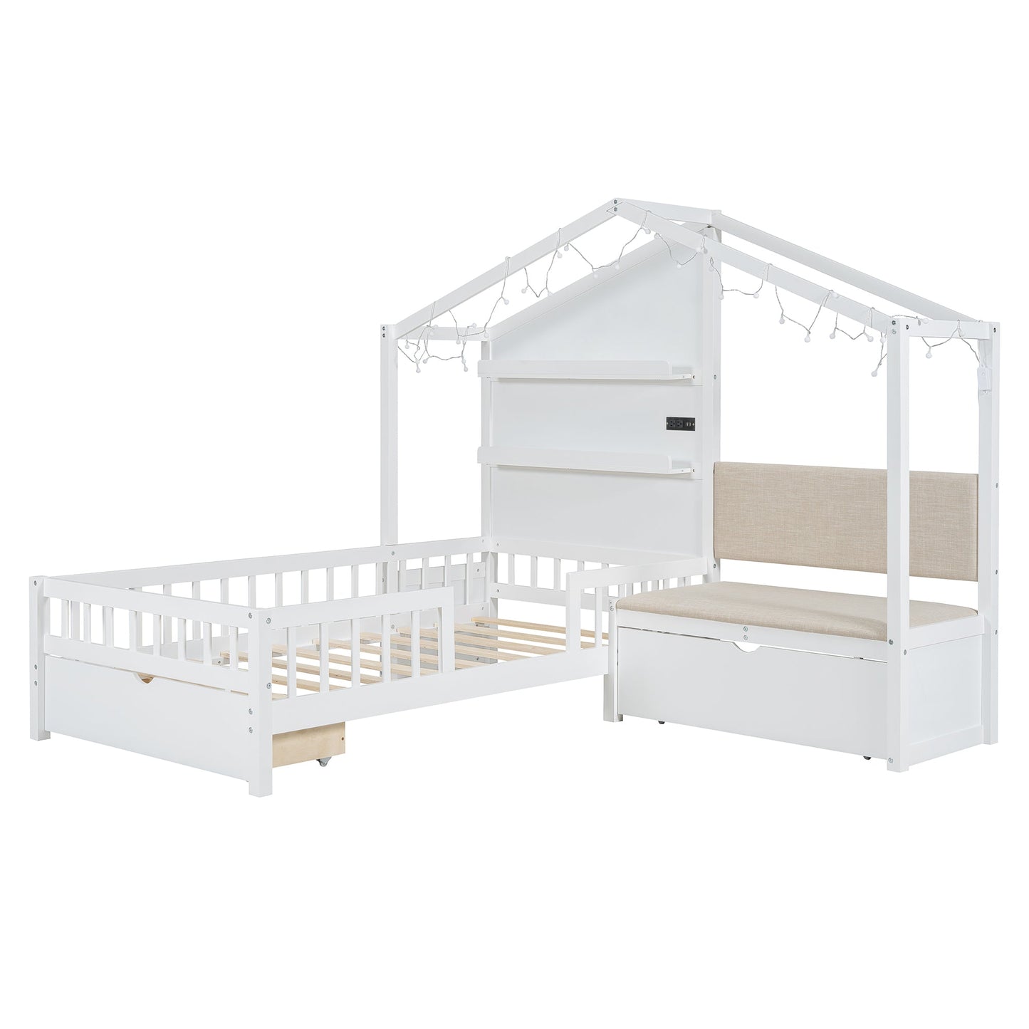 Twin Size House Bed with Upholstered Sofa and Charging Station