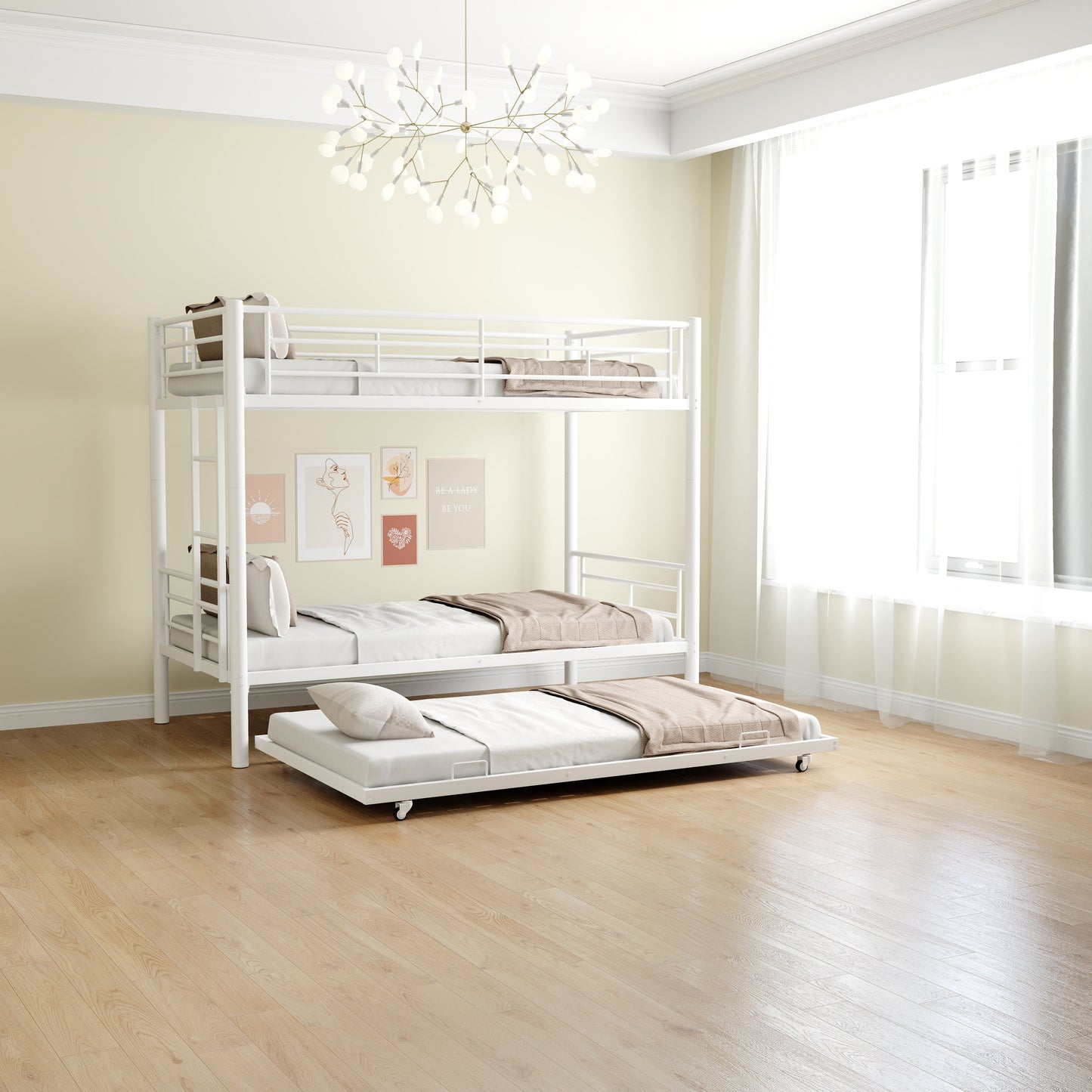 Cama litera resistente de dos camas individuales con cama nido - Blanca