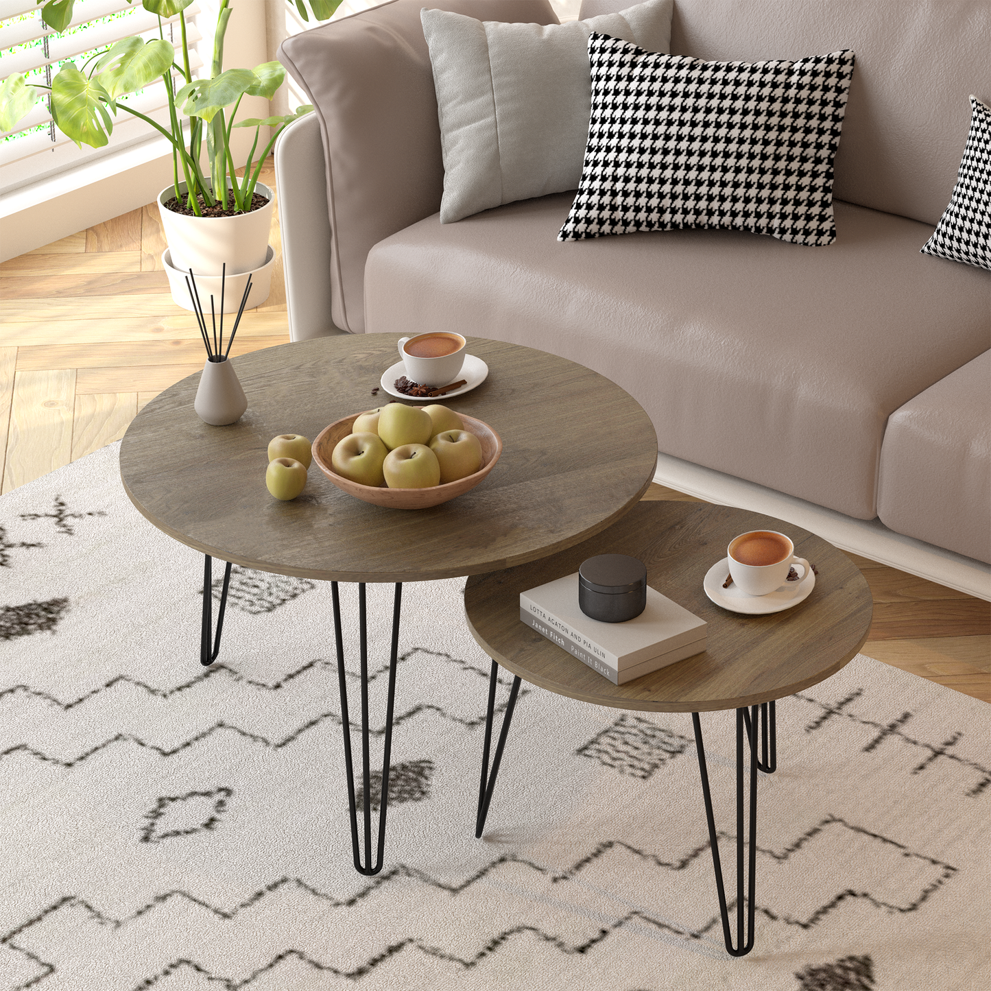 27.56'' Round Nesting Coffee Table Set of 2, Circular Nesting End Table Set  Sturdy Metal Base for Living Room, bedroom, Brown - Korvel