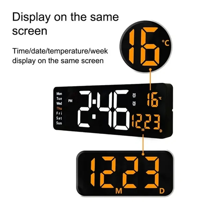 Large LED Wall Clock with Remote Control and Dual Alarms