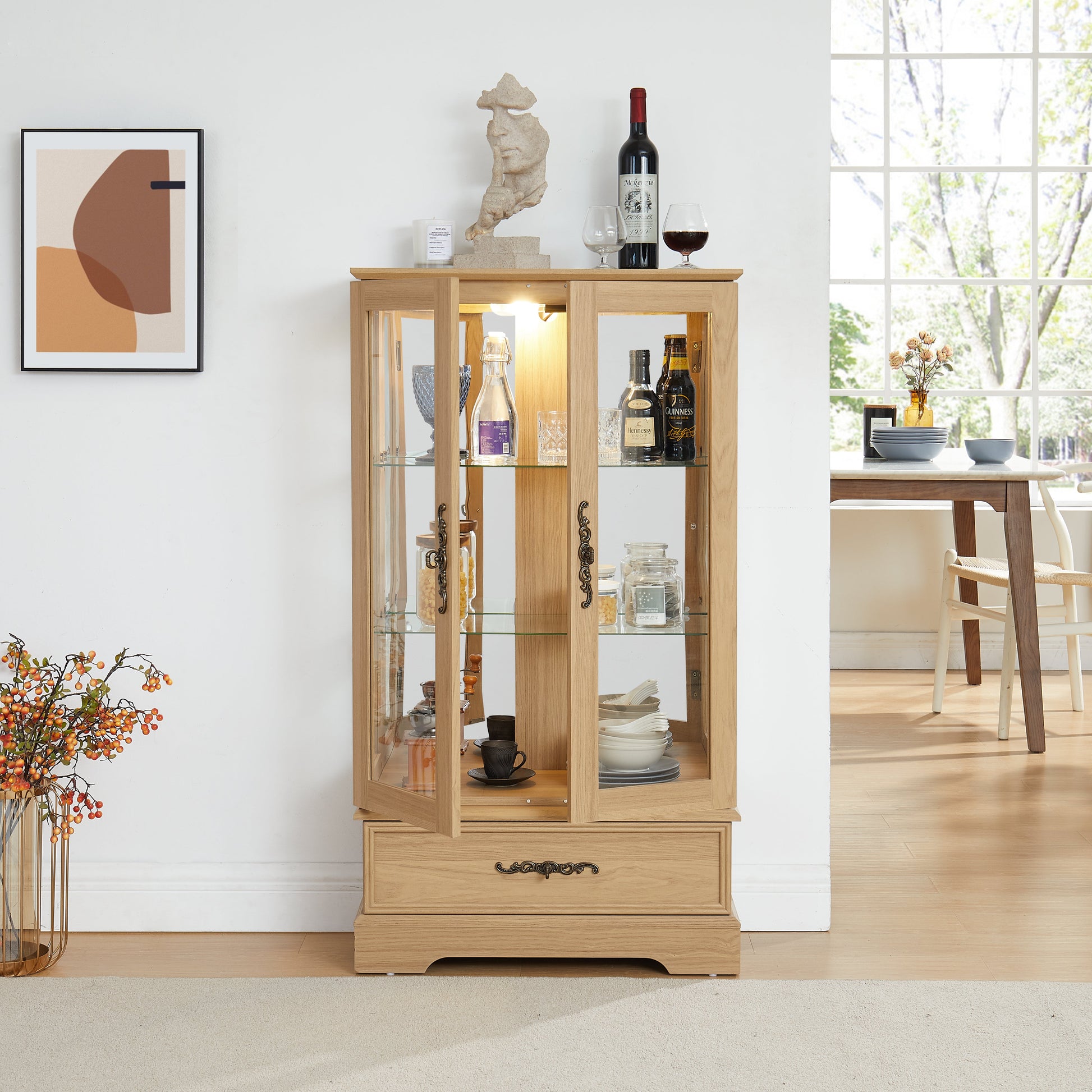 Light colored glass cabinet with adjustable glass frame, including cabinet light bulbs OAK with 2 doors and 1 drawer - Korvel
