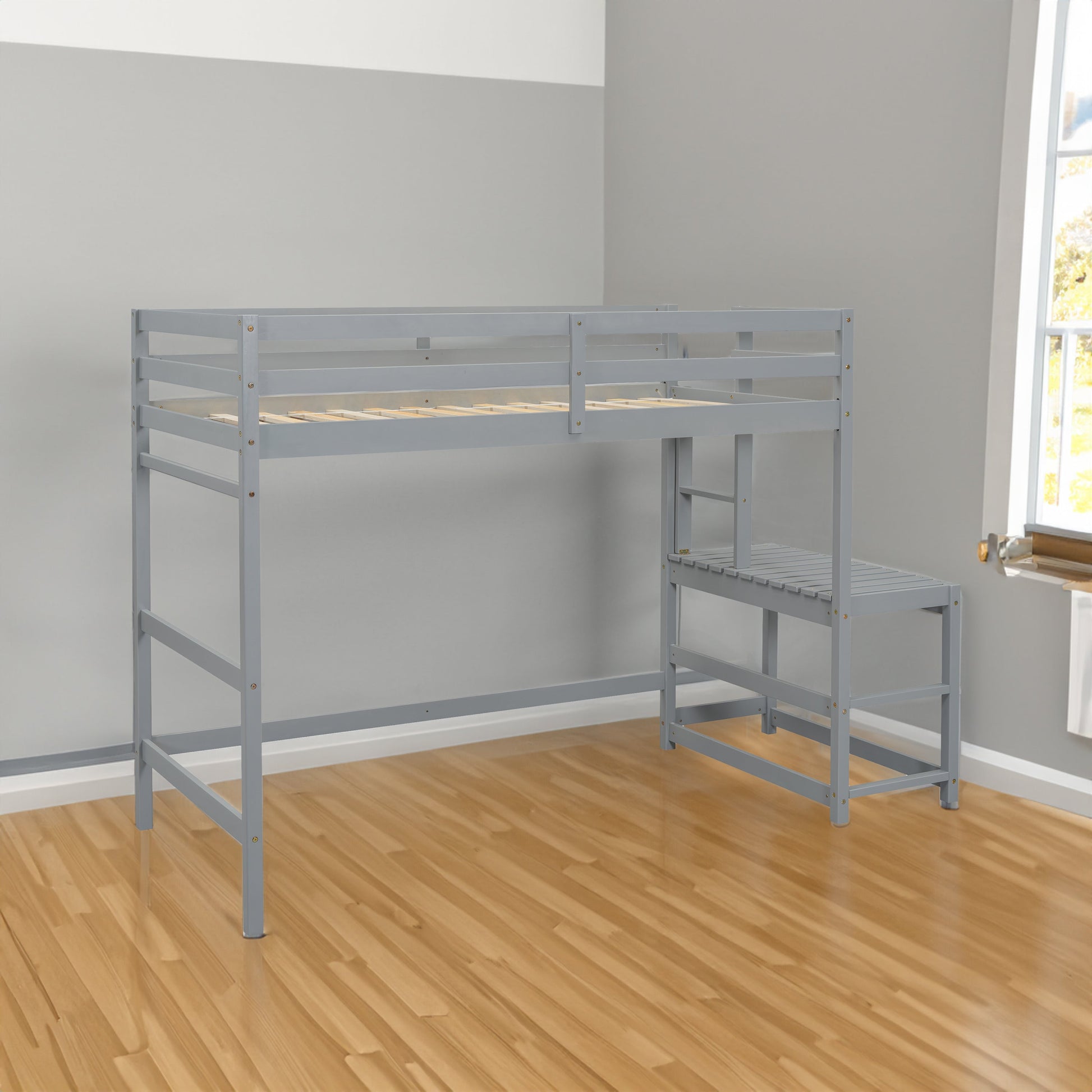Twin High Loft Bed with Ladder landing Platform, Ladders, Guardrails,Grey - Korvel