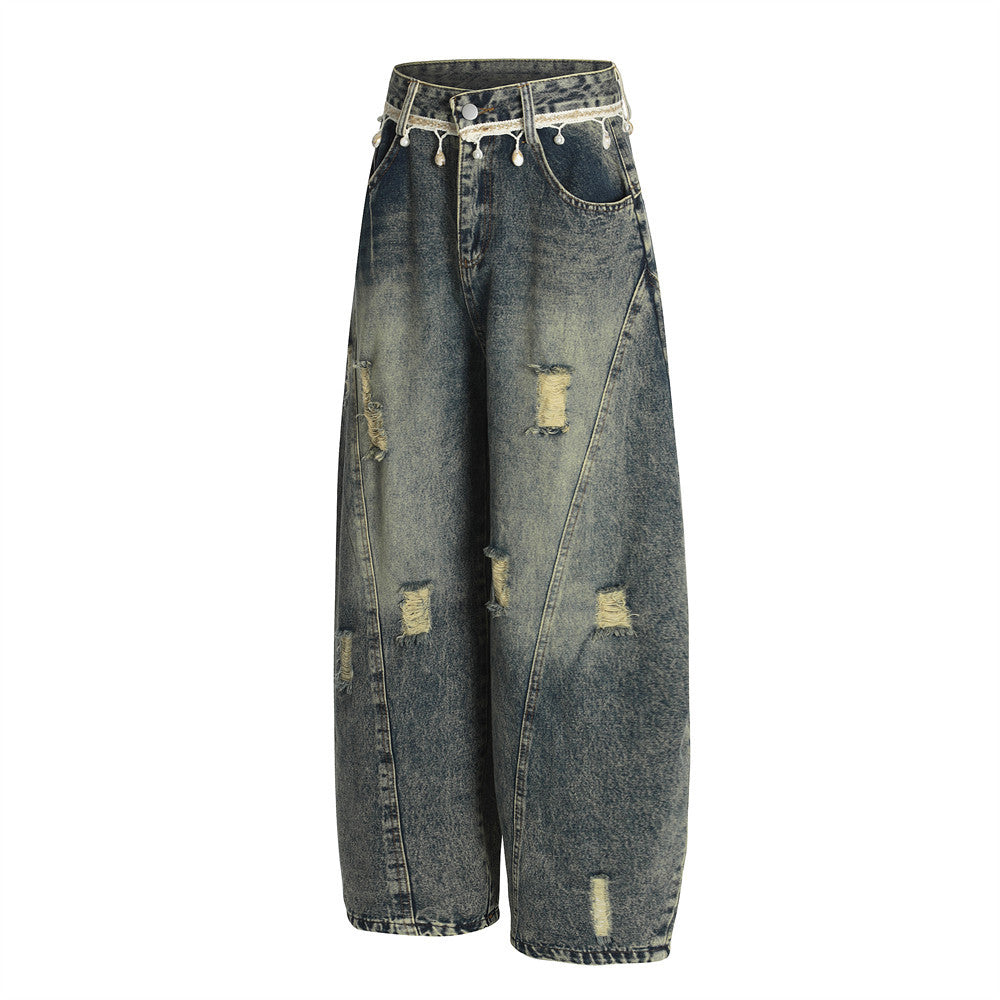 Punk Retro Washed Distressed Denim Wide-Leg Pants Men's Trendy Unique Design Loose Fit Flared Trousers - Korvel
