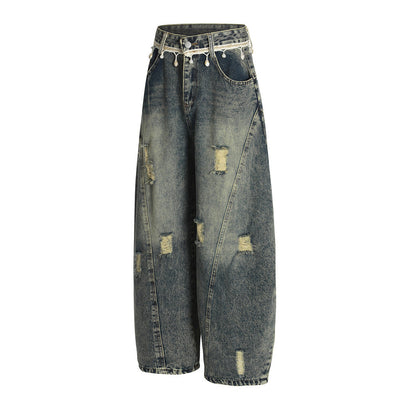 Punk Retro Washed Distressed Denim Wide-Leg Pants Men's Trendy Unique Design Loose Fit Flared Trousers - Korvel