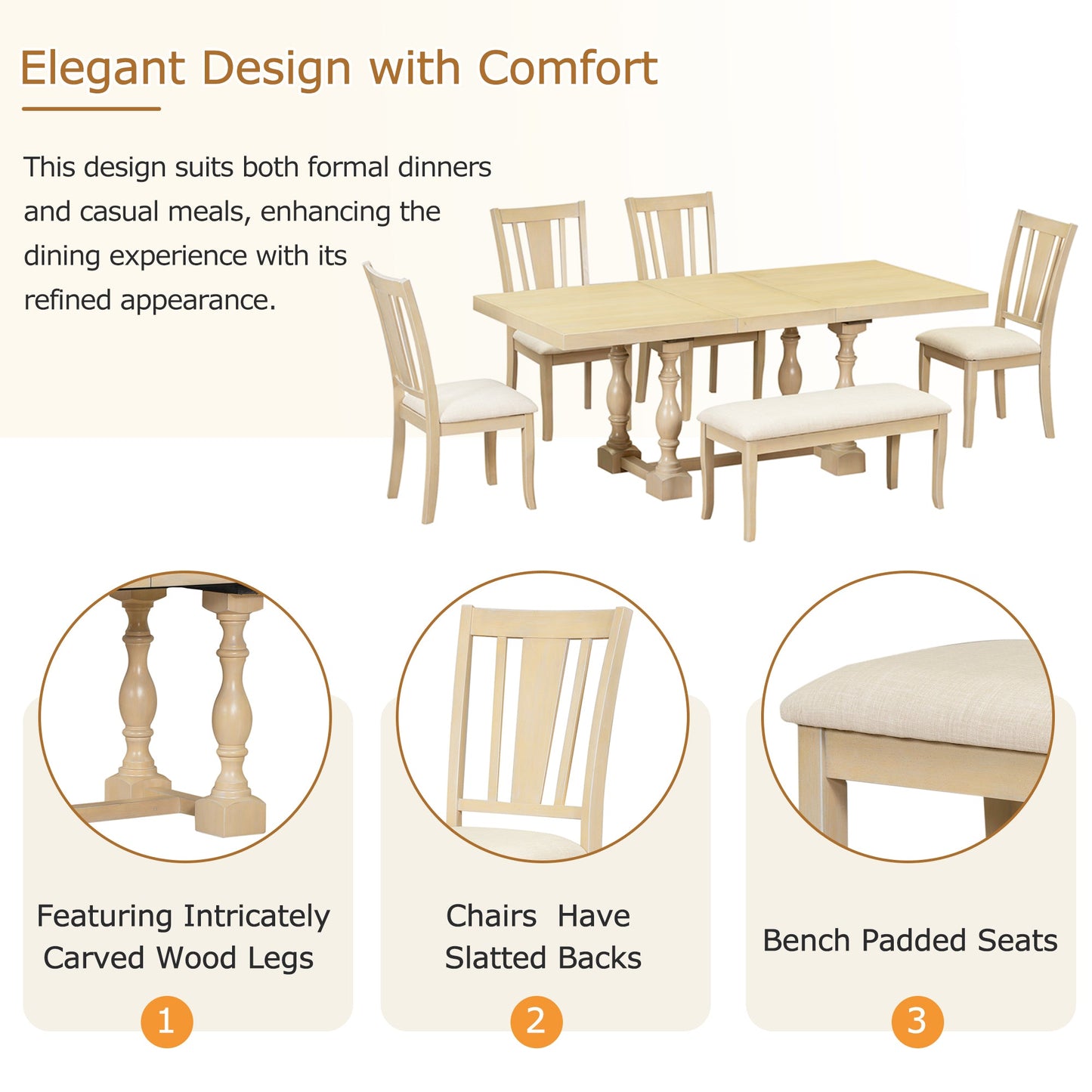 Traditional 6-Piece 78inch Trestle Extendable Dining Table Set with One 18inch Removable Leaf Padded Dining Chairs Bench,Natural - Korvel