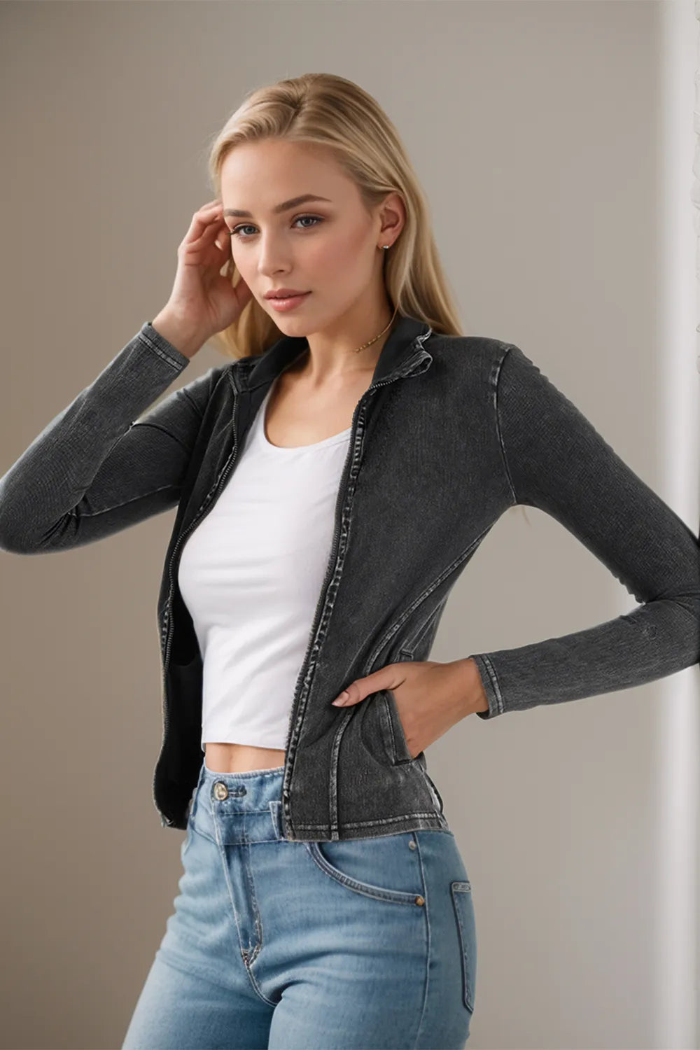 Pocketed Turtleneck Zip Up Denim Top - Korvel