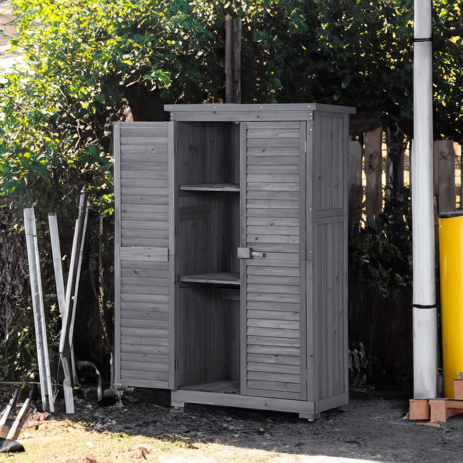 Wooden Garden Shed 3-tier Patio Storage Cabinet Outdoor Organizer Wooden Lockers with Fir Wood (Gray Wood Color -Shutter Design) - Korvel