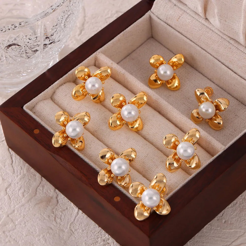 Synthetic Pearl Titanium Steel Flower Earrings - Korvel