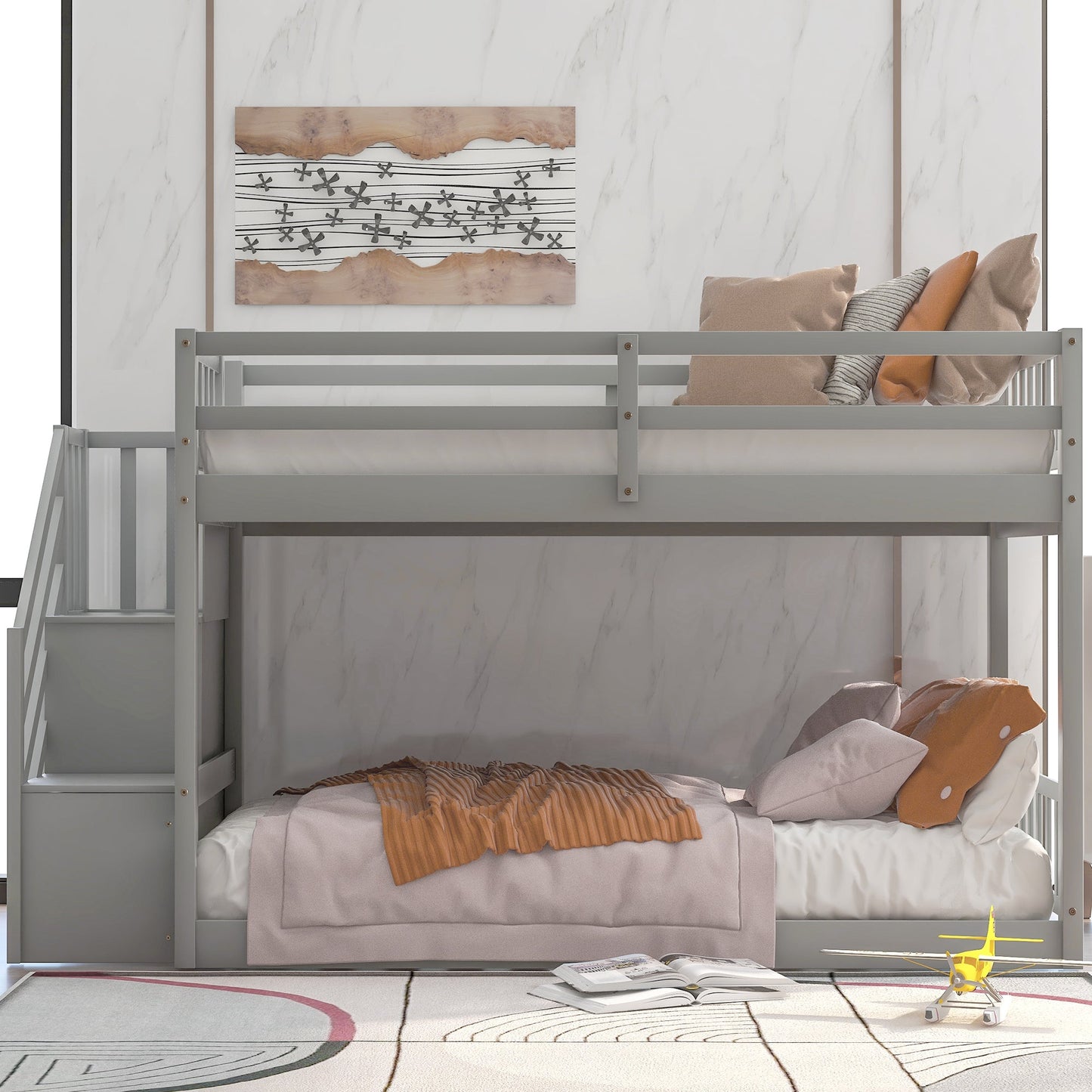 Twin over Twin Floor Bunk Bed, Ladder with Storage  Gray - Korvel