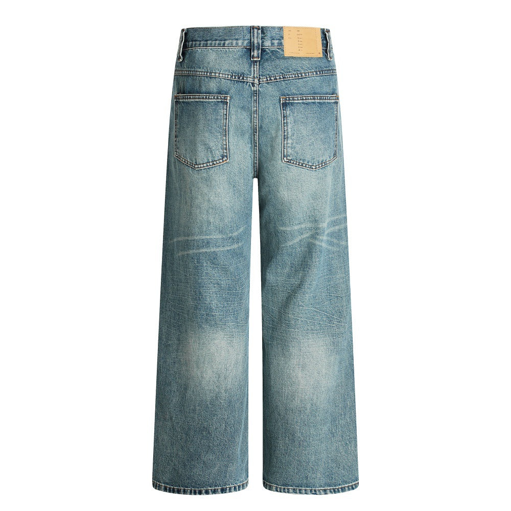 Hole-Washed Denim Long Pants Men's Loose Faded Whitewashed Wide-Leg Straight Trousers European and American Street Fashion Versatile Dad Pants - Korvel