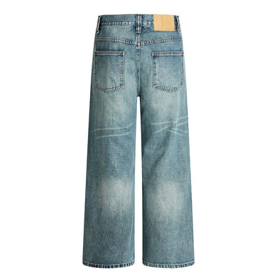 Hole-Washed Denim Long Pants Men's Loose Faded Whitewashed Wide-Leg Straight Trousers European and American Street Fashion Versatile Dad Pants - Korvel