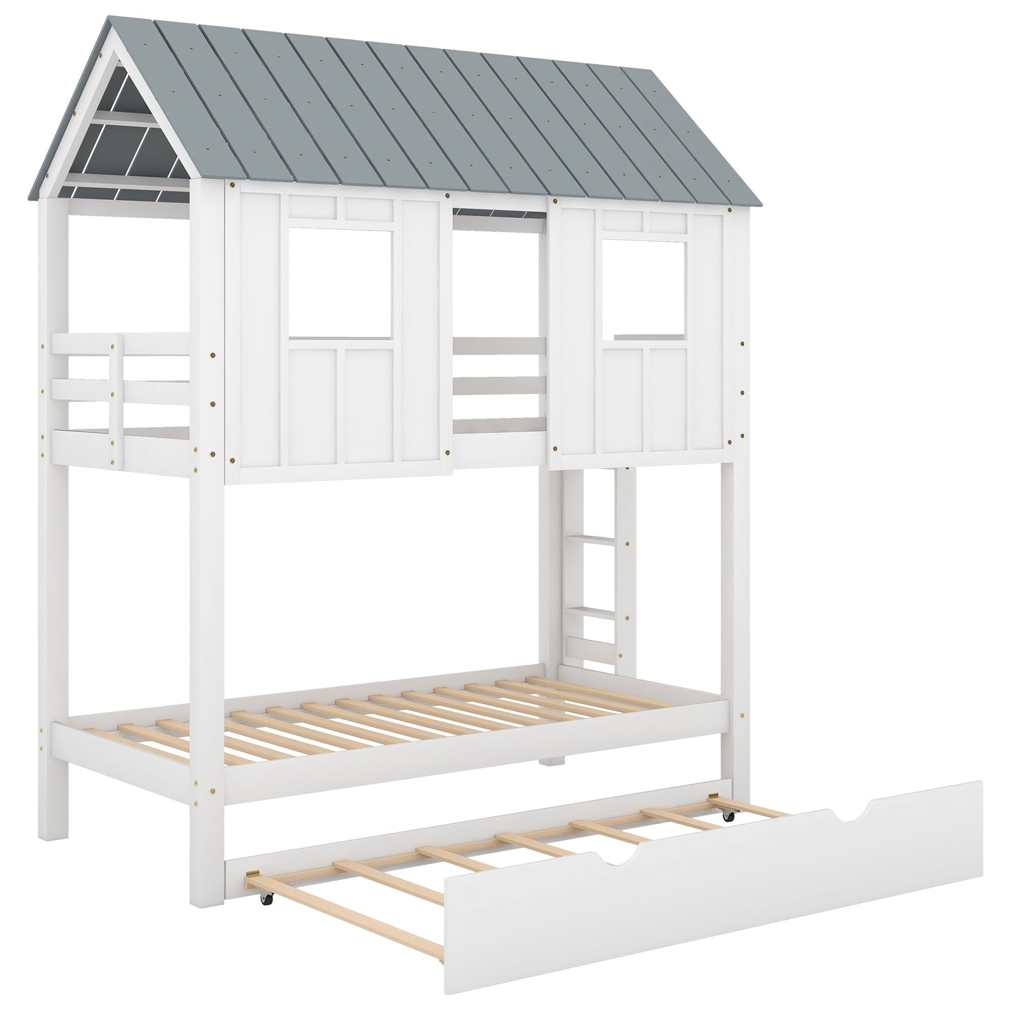 House Bunk Bed with Trundle,Roof and Windows White - Korvel