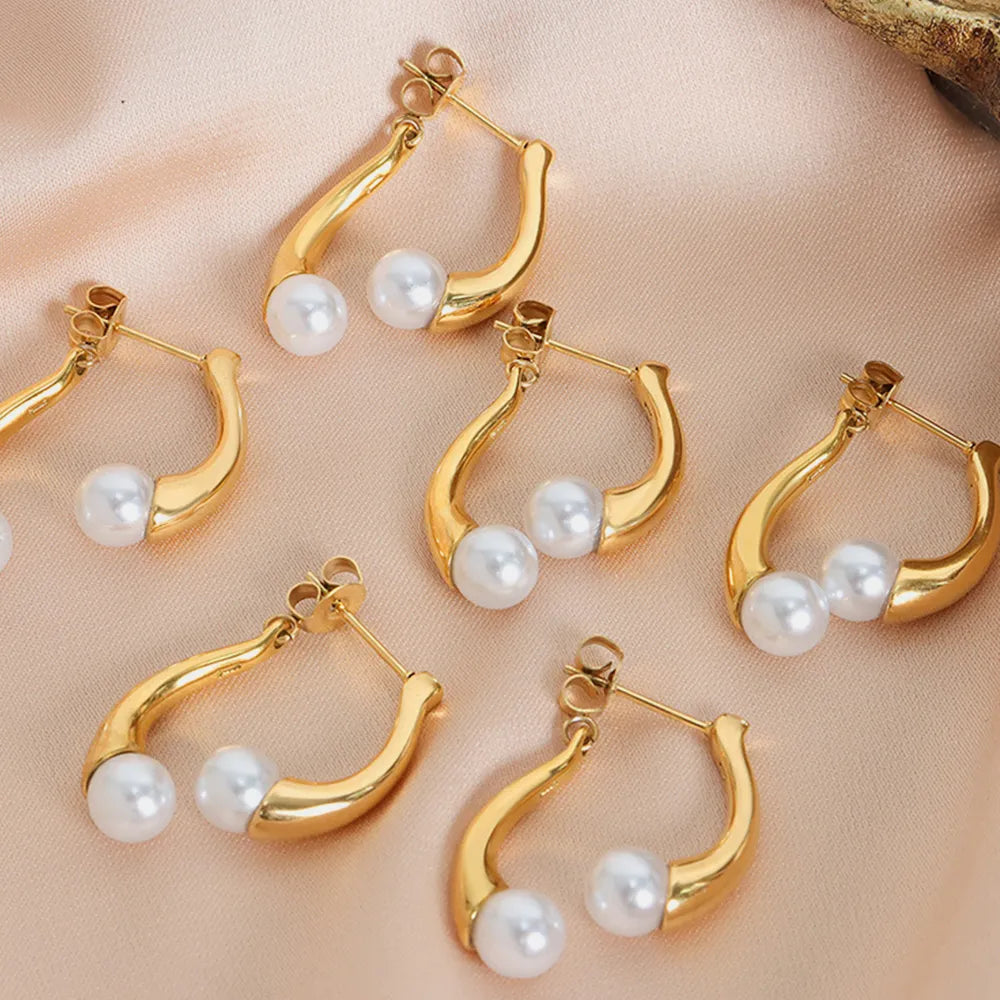 Elegant split design with high gloss pearl inlay simple titanium steel gold-plated earrings - Korvel