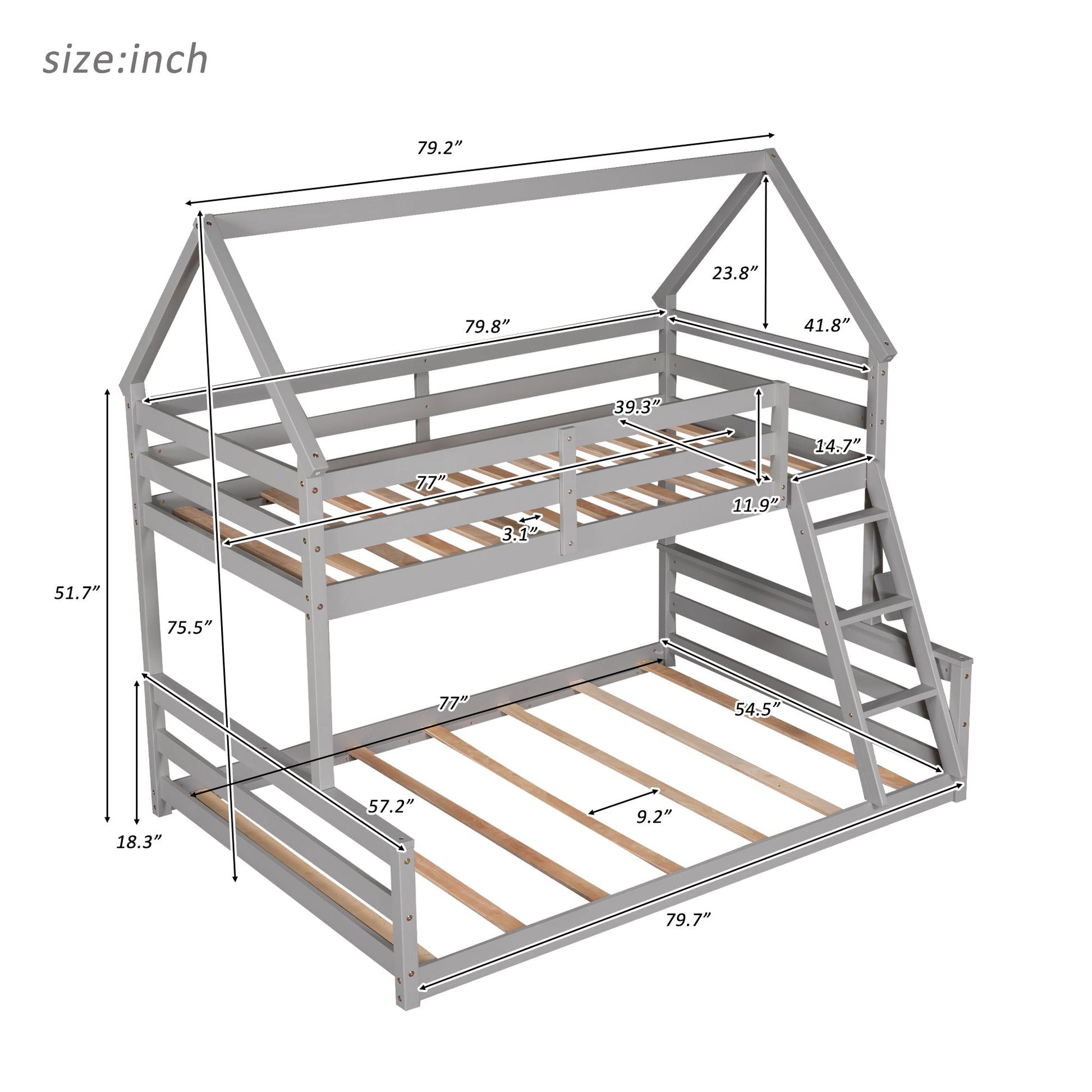 Twin over Full House Bunk Bed with Built-in Ladder Gray - Korvel