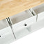 Kitchen trolley with rubber wood leaf countertop, 5-wheel kitchen island, storage cabinet and 3 dining drawers, white - Korvel