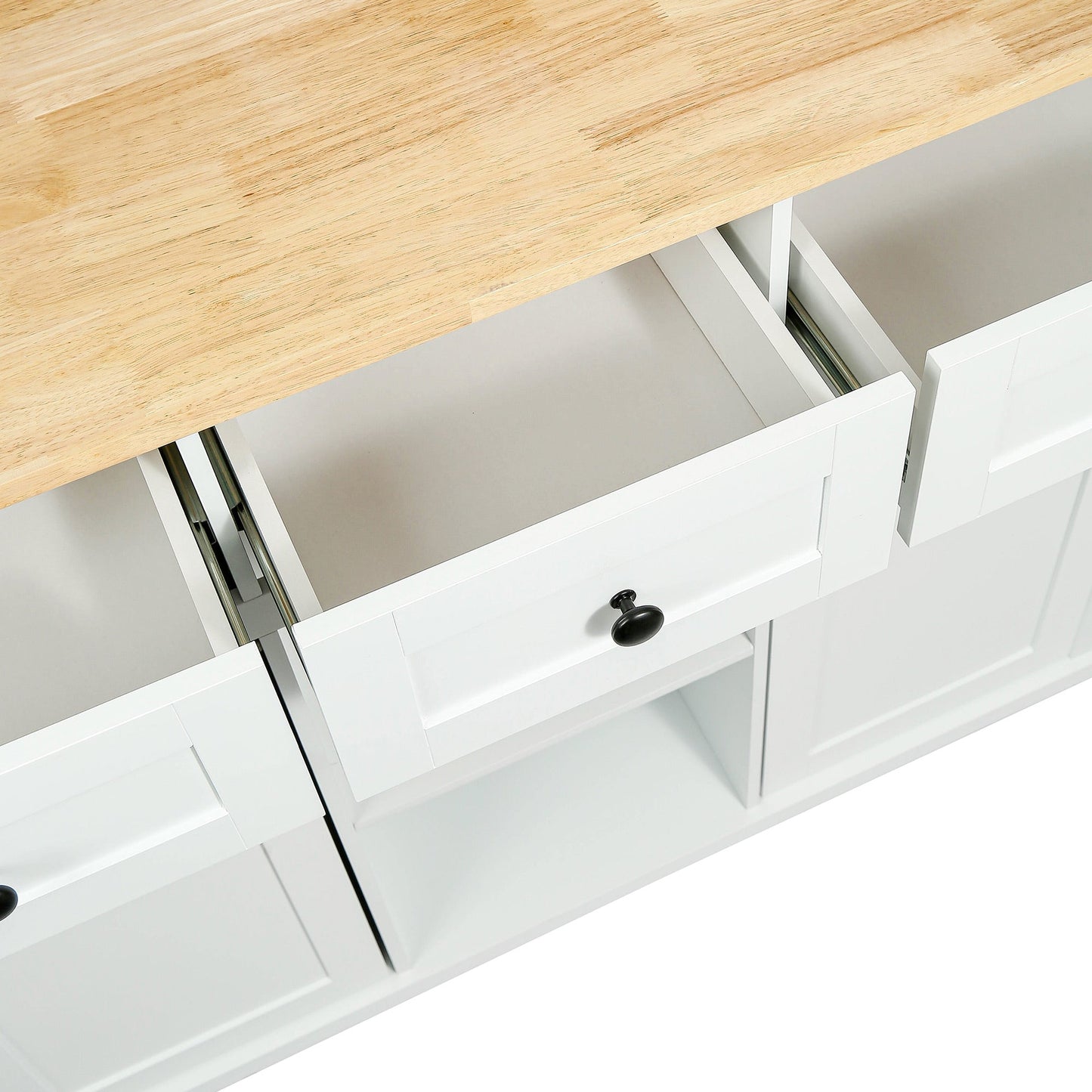 Kitchen trolley with rubber wood leaf countertop, 5-wheel kitchen island, storage cabinet and 3 dining drawers, white - Korvel