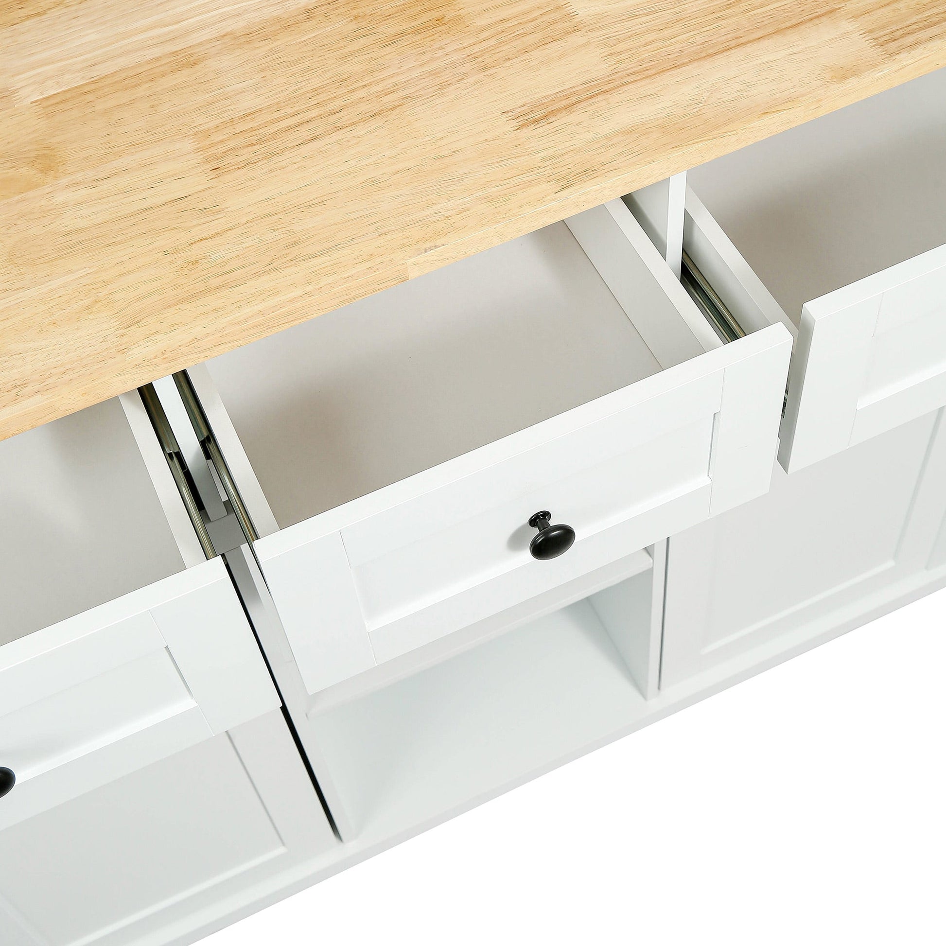 Kitchen trolley with rubber wood leaf countertop, 5-wheel kitchen island, storage cabinet and 3 dining drawers, white - Korvel
