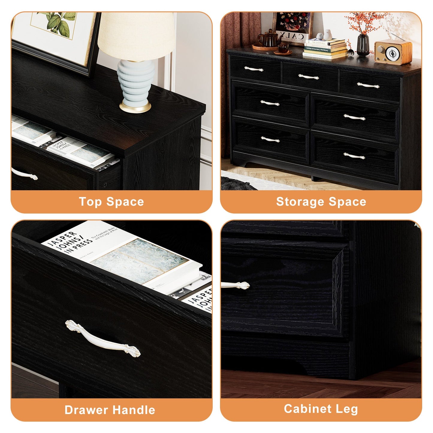 Modern 3 Drawer Bedroom Chest of Drawers with 7 Drawers Dresser, Clothes Organizer -Metal Pulls Black, 47.6″L x 15.7″W x 26.6″H - Korvel