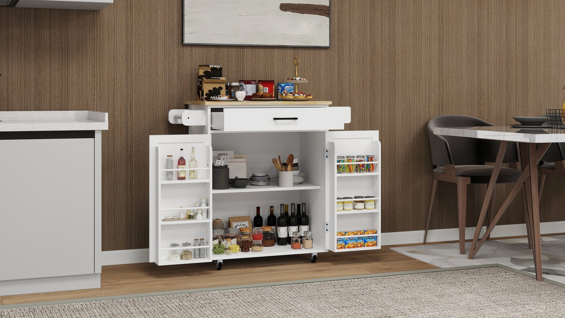Kitchen island rolling trolley cart with 1 drawer & 2 doors with storage racks & Adjustable Shelves & towel rack - Korvel