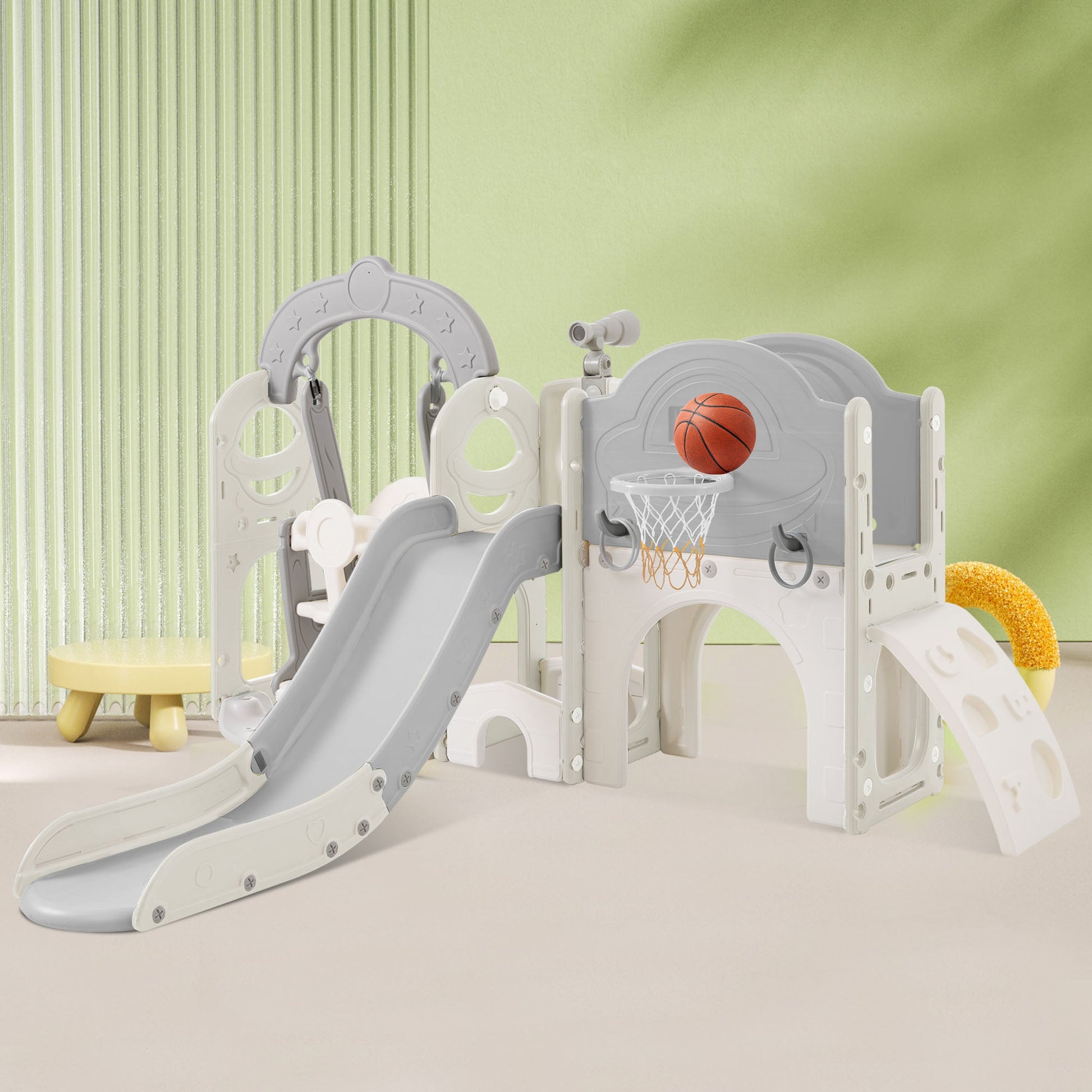 Toddler Slide and Swing Set 7 in 1, Kids Playground Climber Slide Playset with Basketball Hoop Freestanding  Combination - Korvel