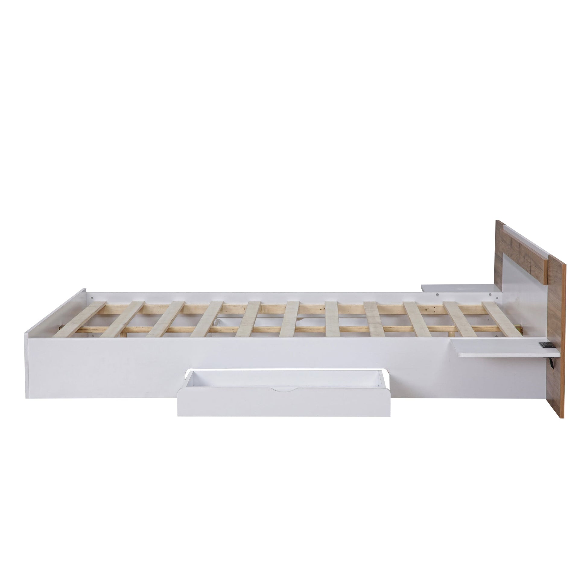 Queen Size Platform Bed with Headboard, Drawers, Shelves, USB Ports and Sockets  White - Korvel