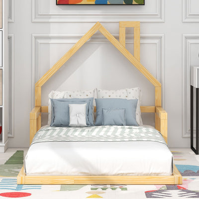 Natural Twin Size Wood Floor Bed with House Headboard