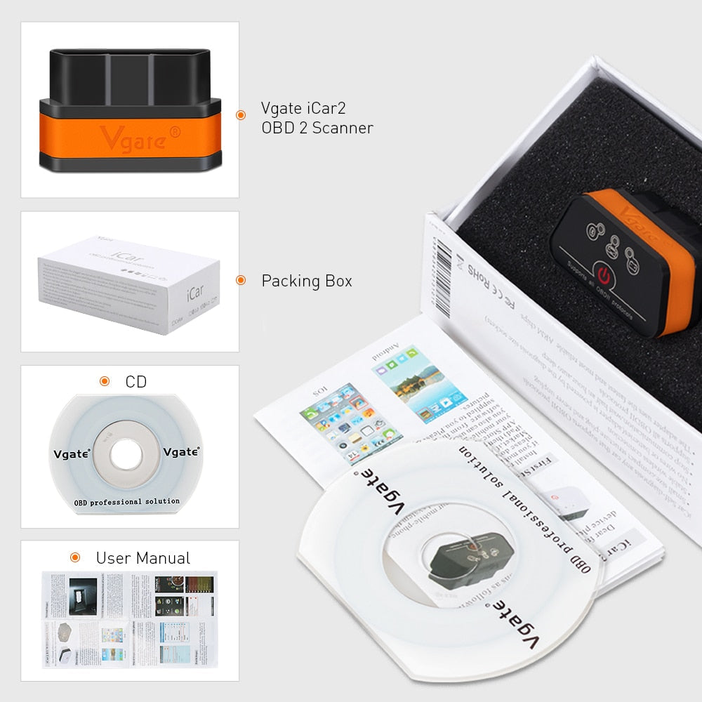 Vgate icar2 Bluetooth/Wifi OBD2 Diagnostic-tool ELM327 Bluetooth/wifi OBD 2 Scanner Mini ELM327 for android/PC/IOS Code Reader - Korvel