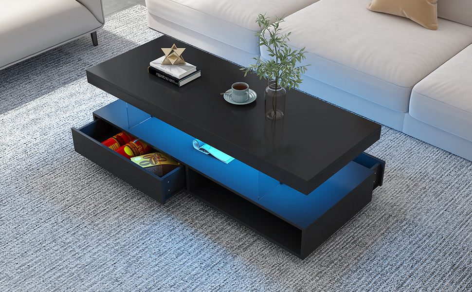 U-Can LED coffee table with storage space, modern central table with 2 drawers and display rack, equipped with LED lights, black - Korvel