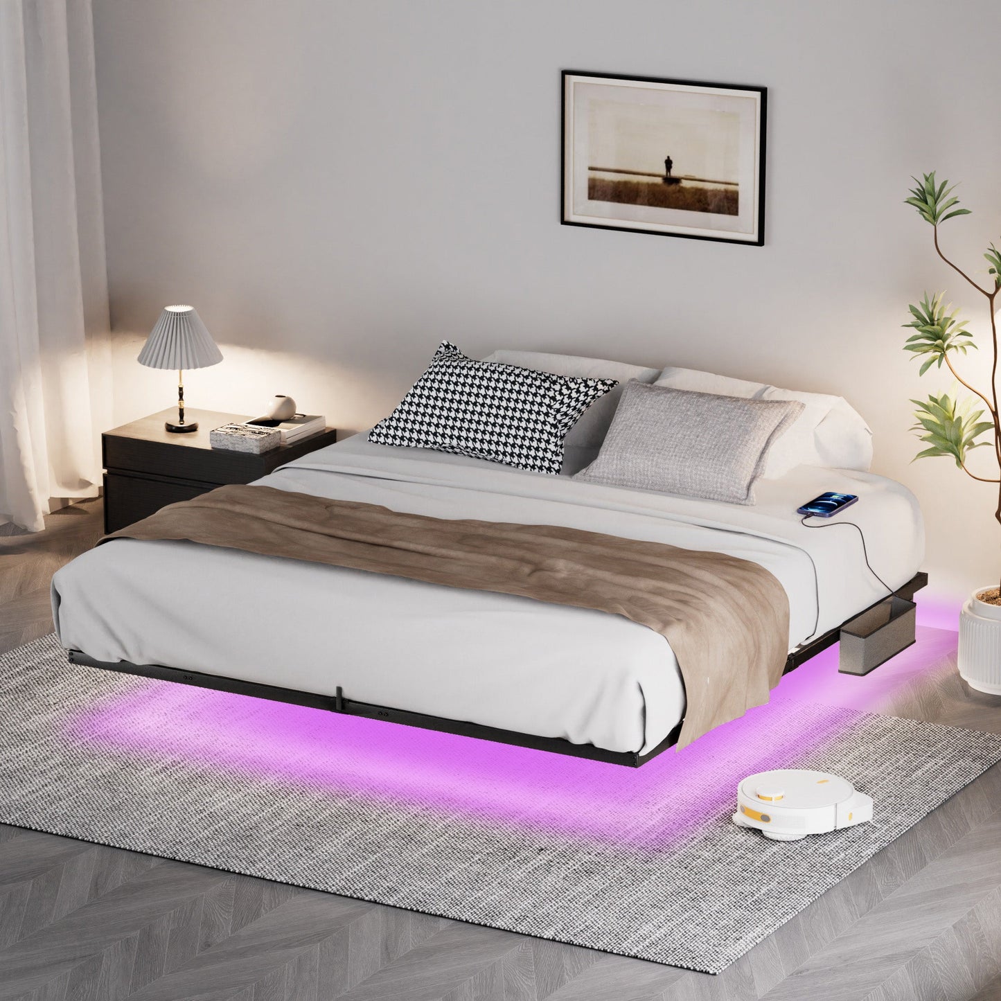Floating Bed Frame King Size with LED Lights ＆ charging station, Metal Platform Queen Bed, 79.9'' L x 76.2'' W x 7.9'' H. - Korvel