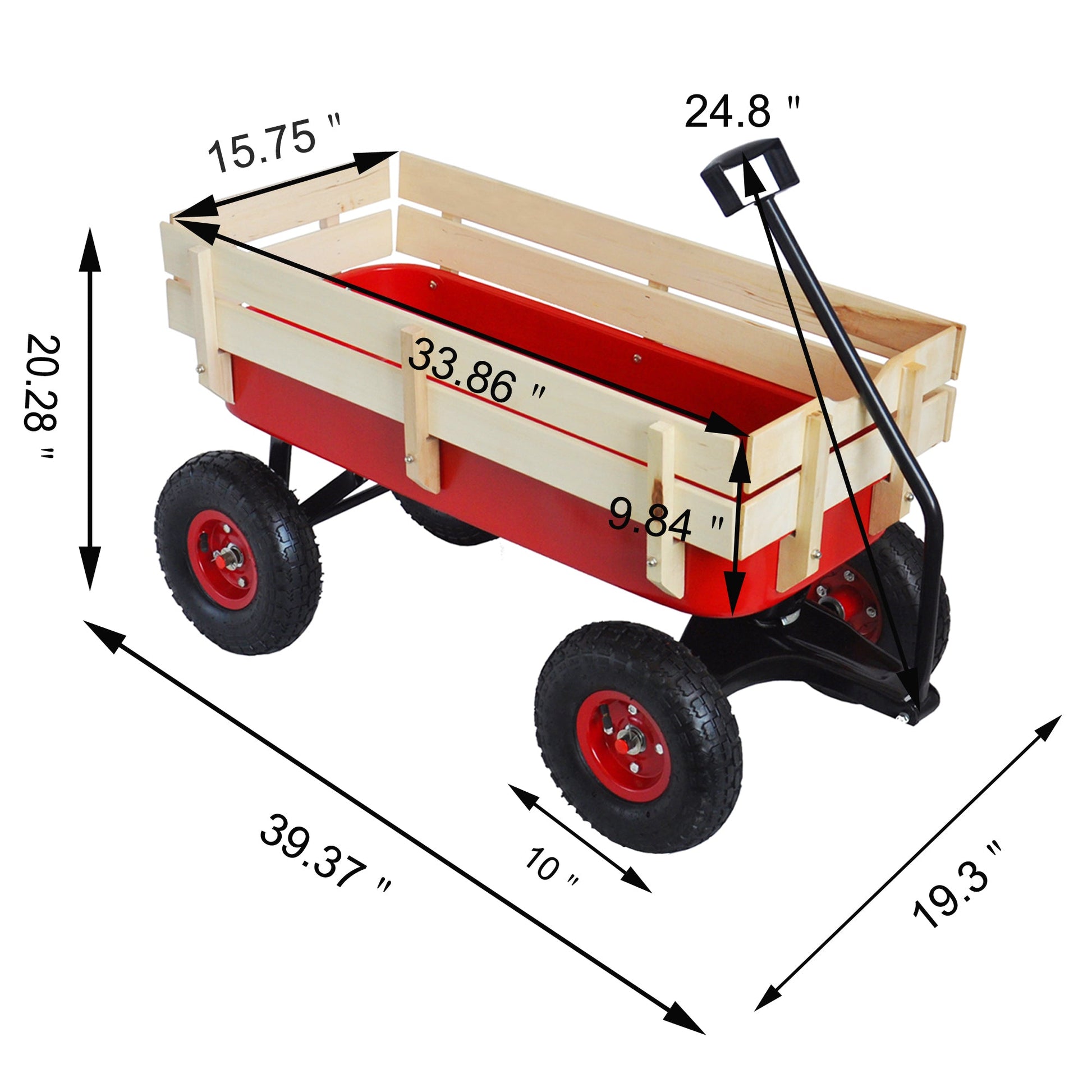 Outdoor Wagon All Terrain Pulling w/Wood Railing Air Tires Children Kid Garden（Red） - Korvel