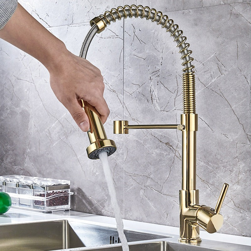 All copper spring faucet, kitchen sink with rotatable pull-out paint, black and gold dots - Korvel