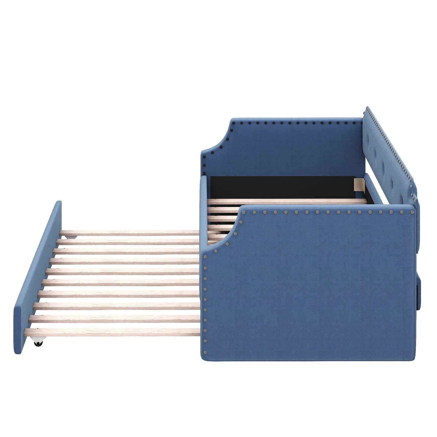 Upholstered Daybed with Trundle, Wood Slat Support,Upholstered Frame Sofa Bed Twin Blue - Korvel
