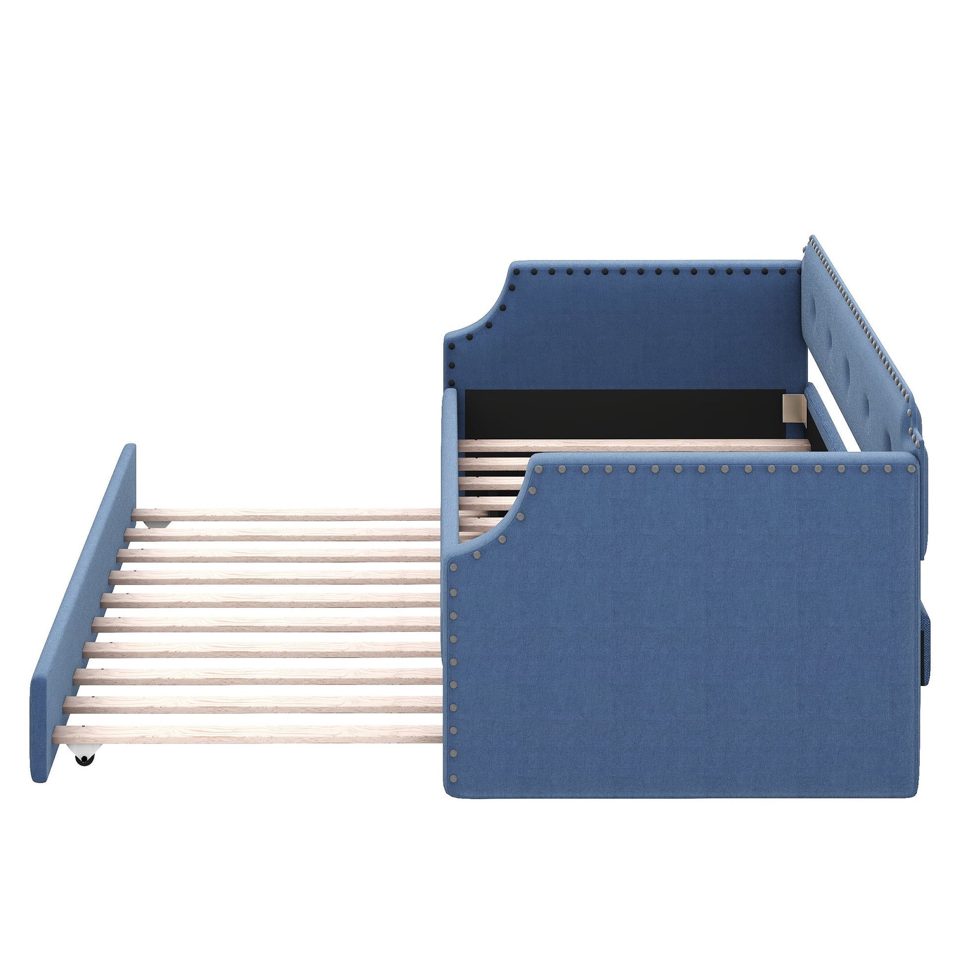 Upholstered Daybed with Trundle, Wood Slat Support,Upholstered Frame Sofa Bed Twin Blue - Korvel