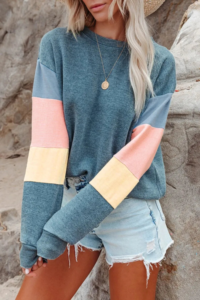 Color Block Round Neck Long Sleeve Sweatshirt - Korvel
