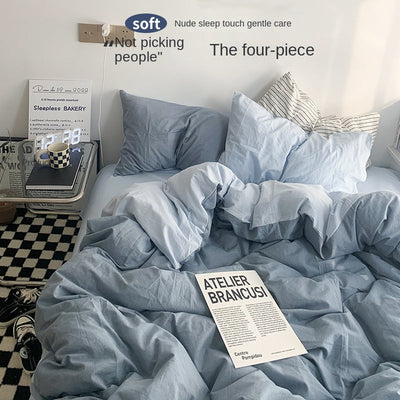 Solid Color Simple Four-Piece Set Flannel Quilt Cover INS Style Quilt Cover Dormitory Summer Washed Cotton Bedding Three-Piece Set - Korvel