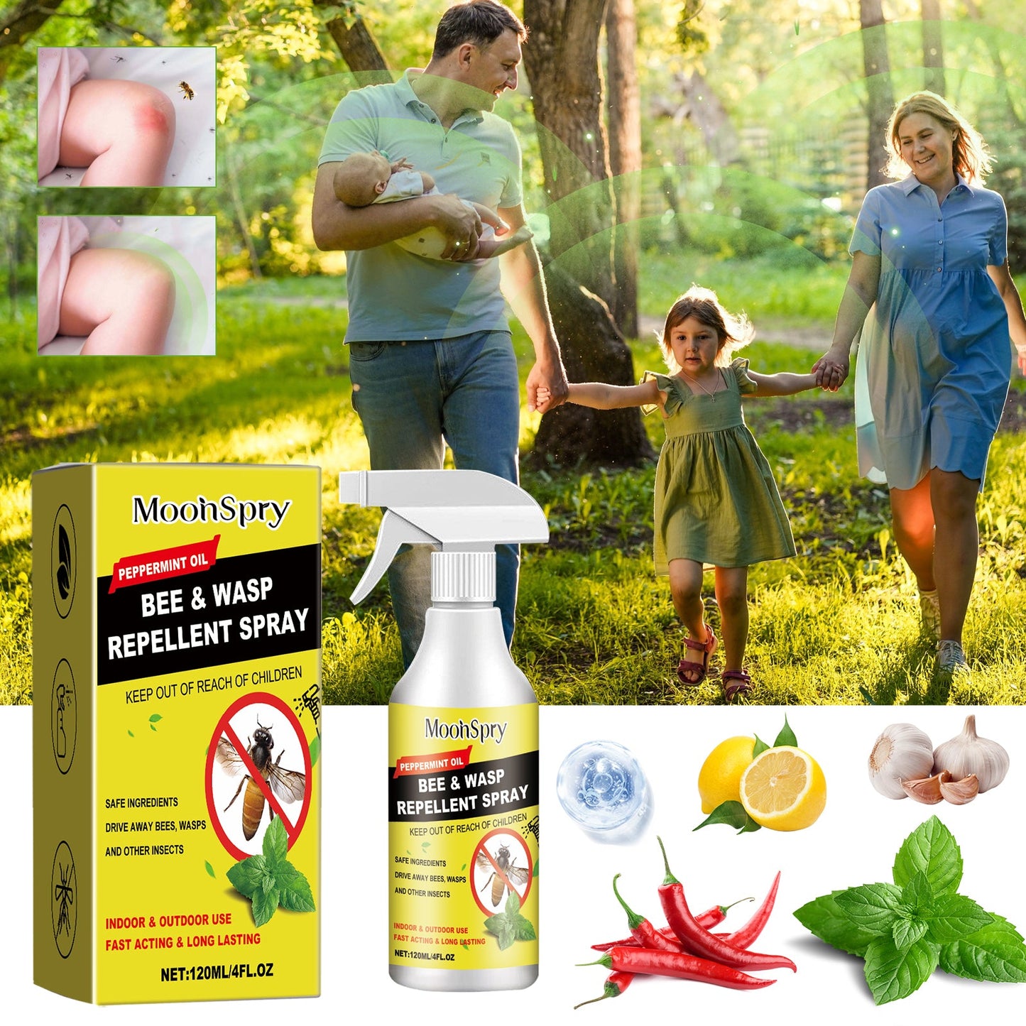 Spray repelente de insectos Moonspry para exteriores - Protección suave contra abejas y avispas
