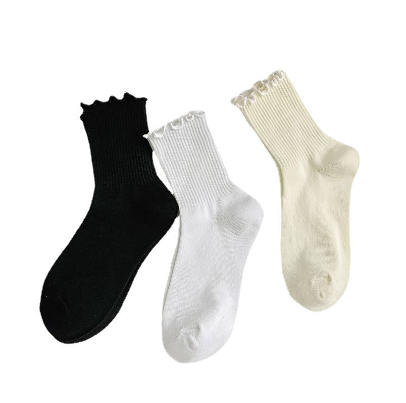 1 pair of ruffled JK socks for women mid-tube spring, autumn and summer solid color Japanese lace pile socks - Korvel