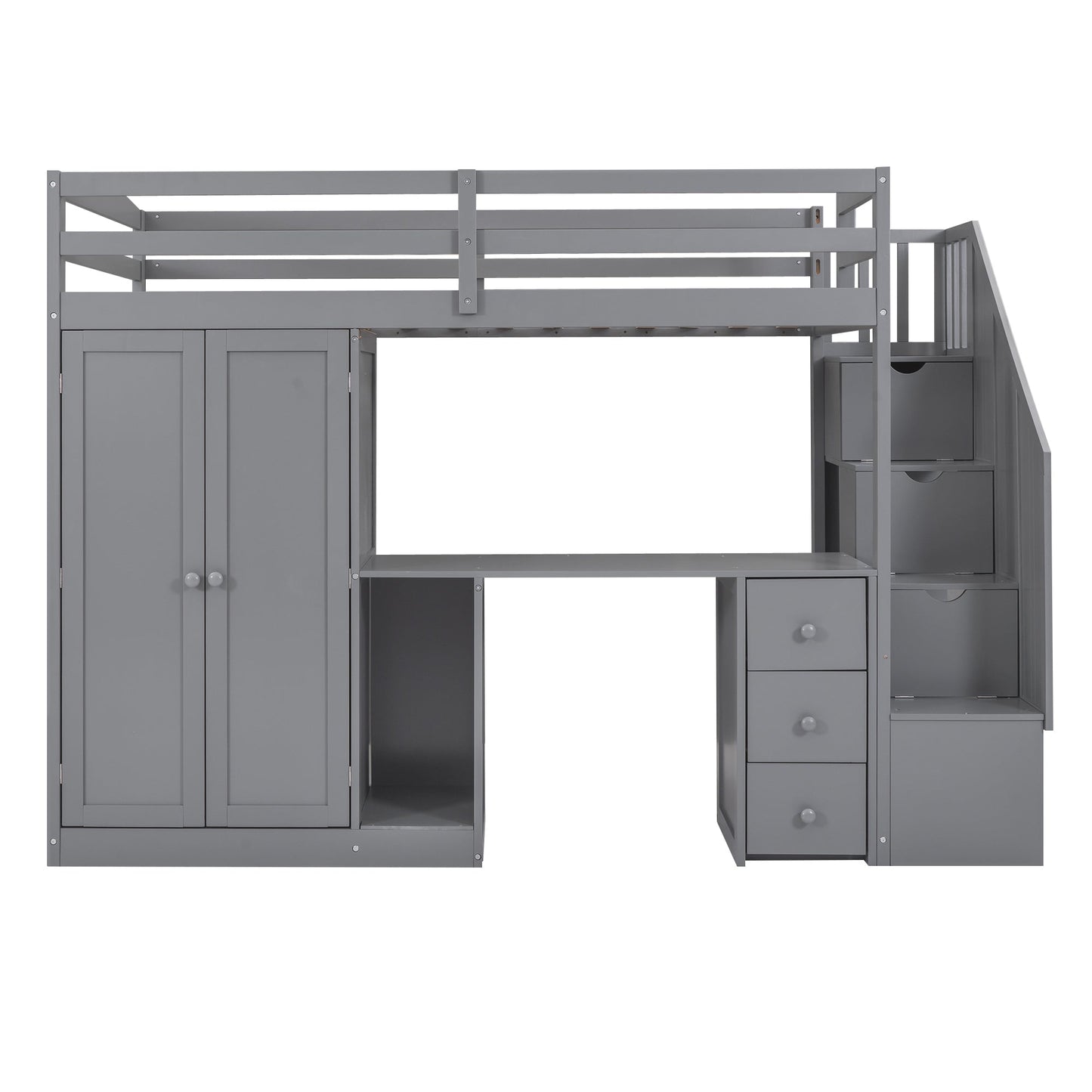Cama loft tamaño twin con armario y almacenamiento en gris