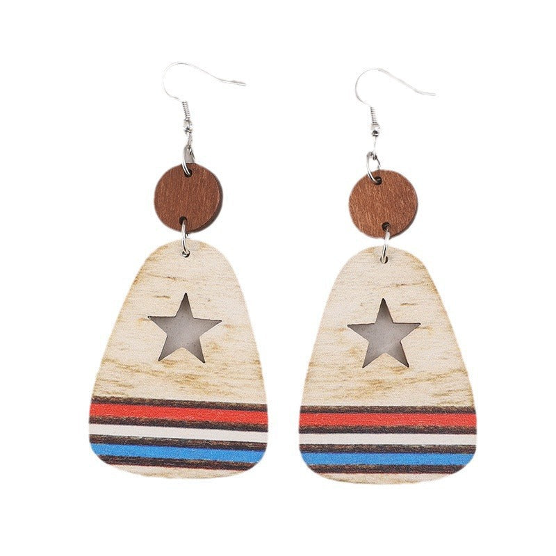 Boucles d'oreilles pendantes en bois découpé étoiles et rayures