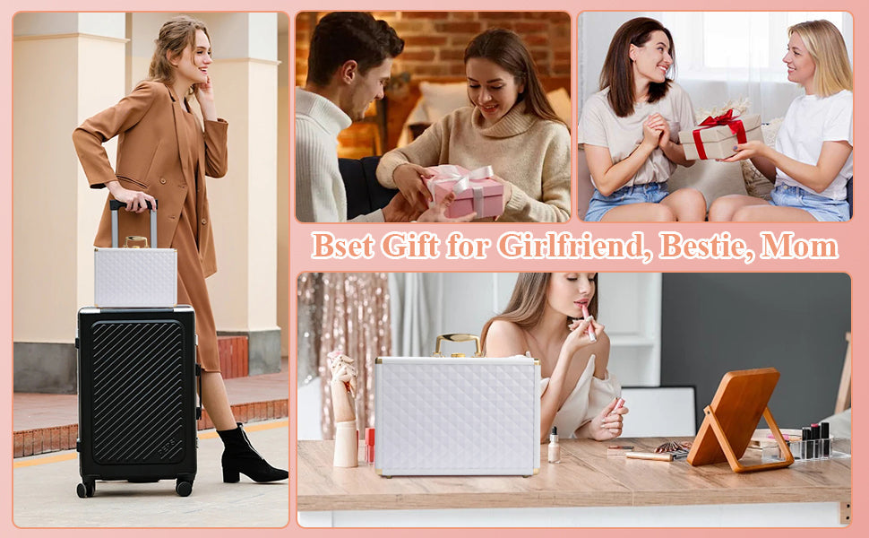 Portable makeup case, travel makeup bag with LED mirror, locked makeup storage box, brush holder, divider, rechargeable, white - Korvel