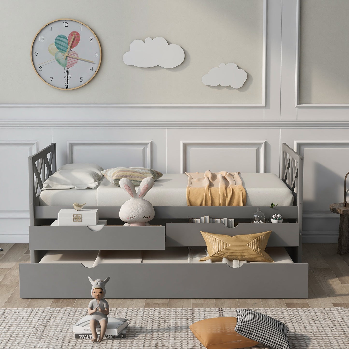 Lit de jour multi-fonctionnel élégant gris avec tiroirs et lit gigogne