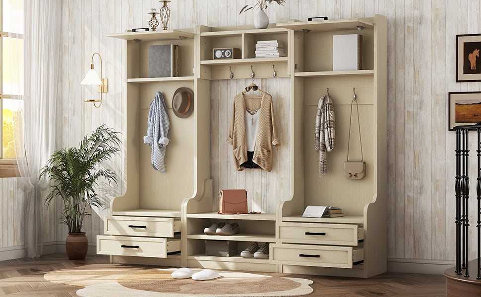 Four in one detachable hall tree with drawers and cabinets, 7 hooks, multifunctional corridor hangers, antique beige shoe stools - Korvel