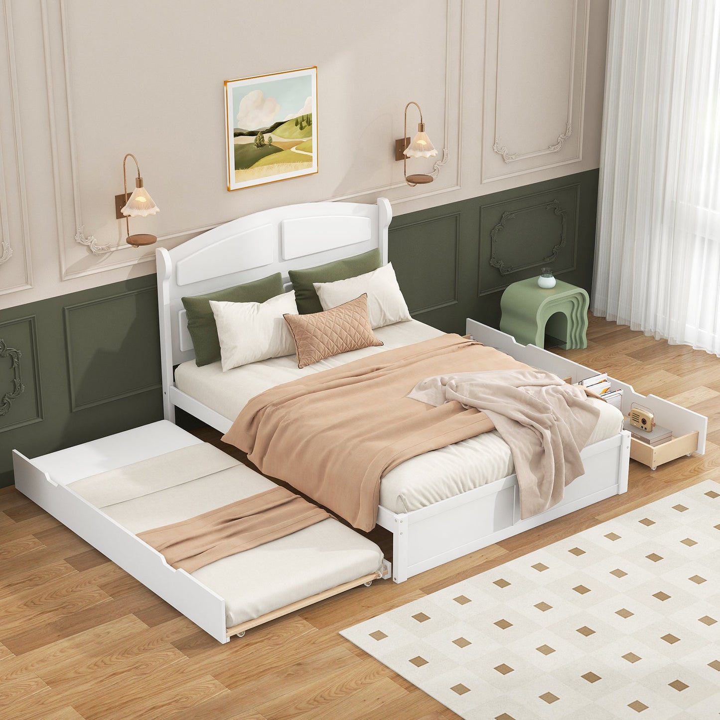Lit plateforme queen en bois blanc élégant avec lit gigogne