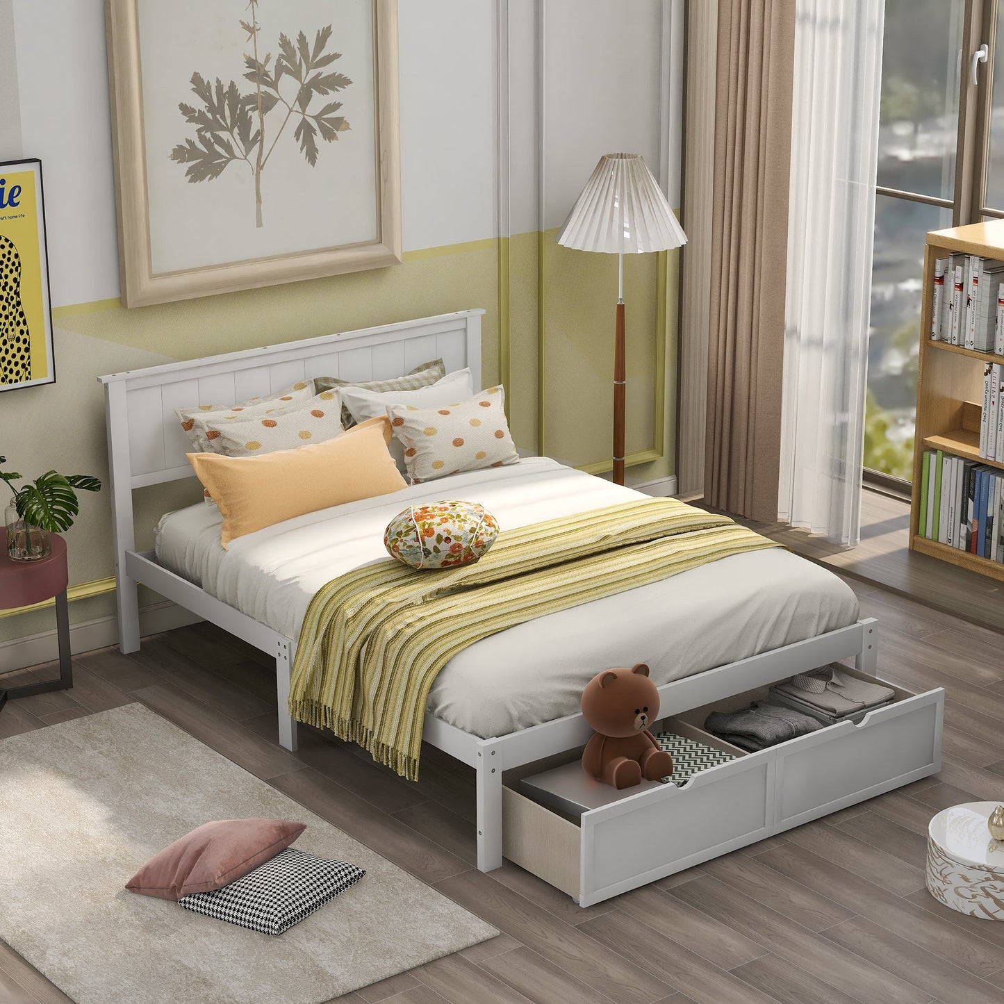Lit plateforme de taille complète avec tiroirs sous le lit - Blanc