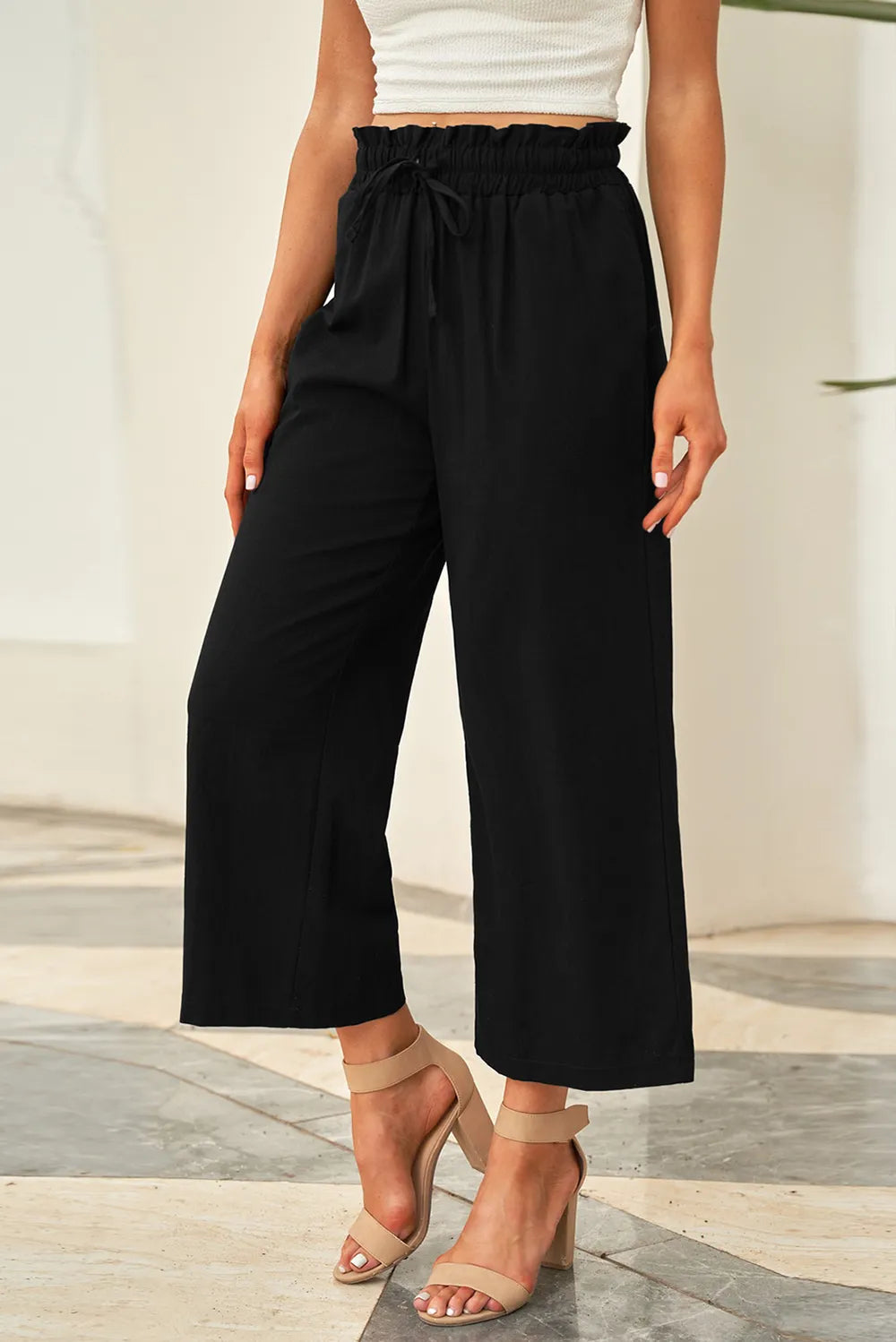 Drawstring Paperbag Waist Wide Leg Pants - Korvel