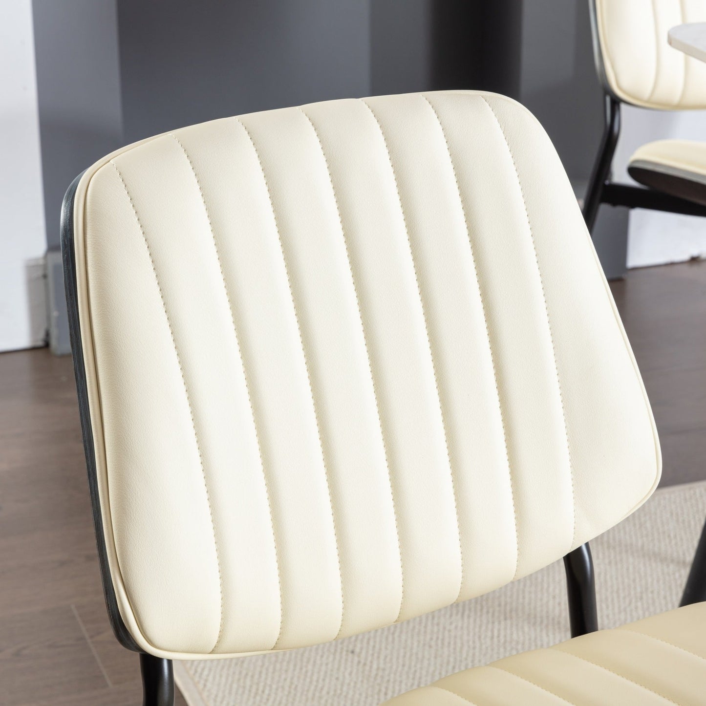 2-piece retro linen chair set with curved wooden backrest, cushioned seat, adjustable metal legs, (Beige PU) - Korvel