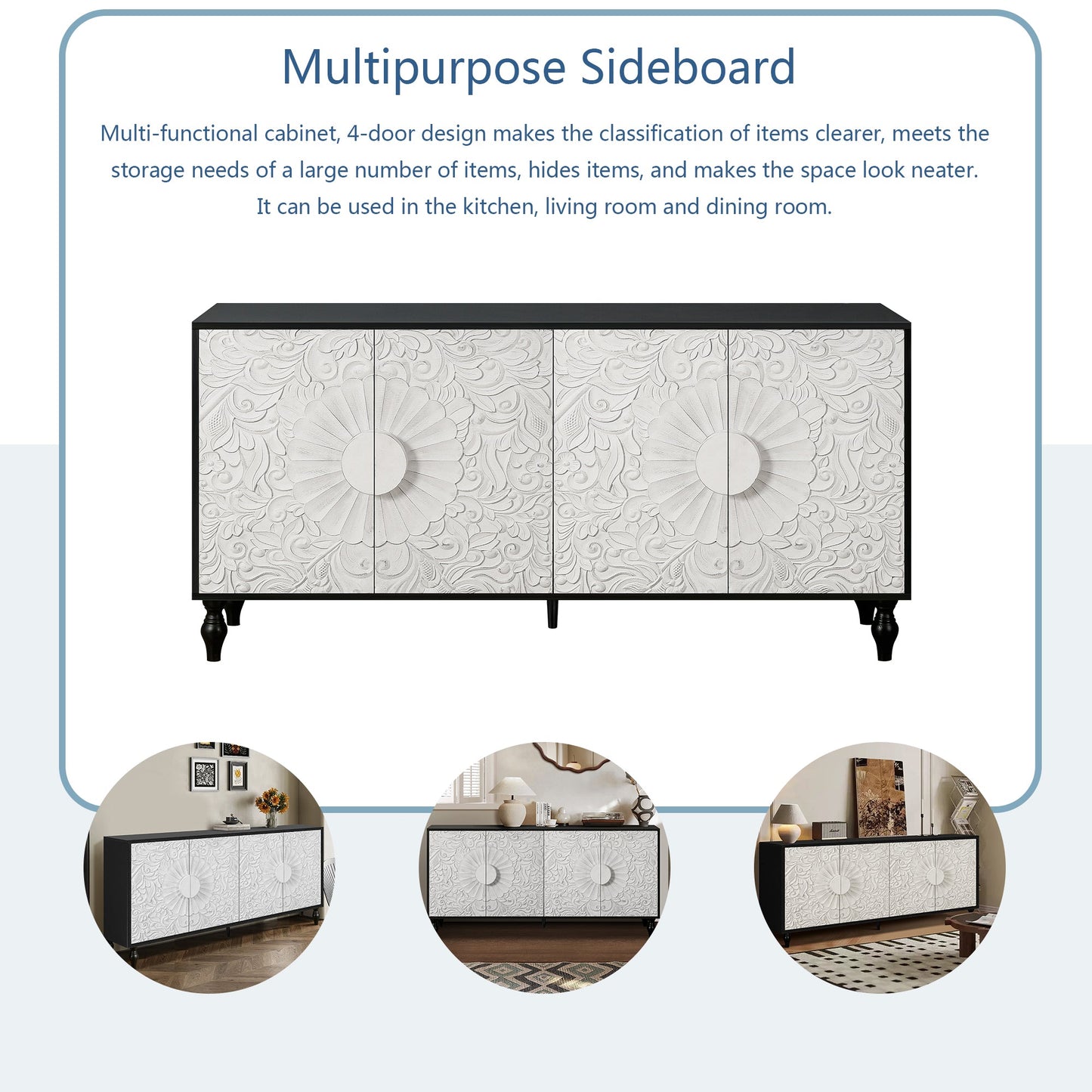 Vintage White Large Faceted Carved Sideboard with Black Frames